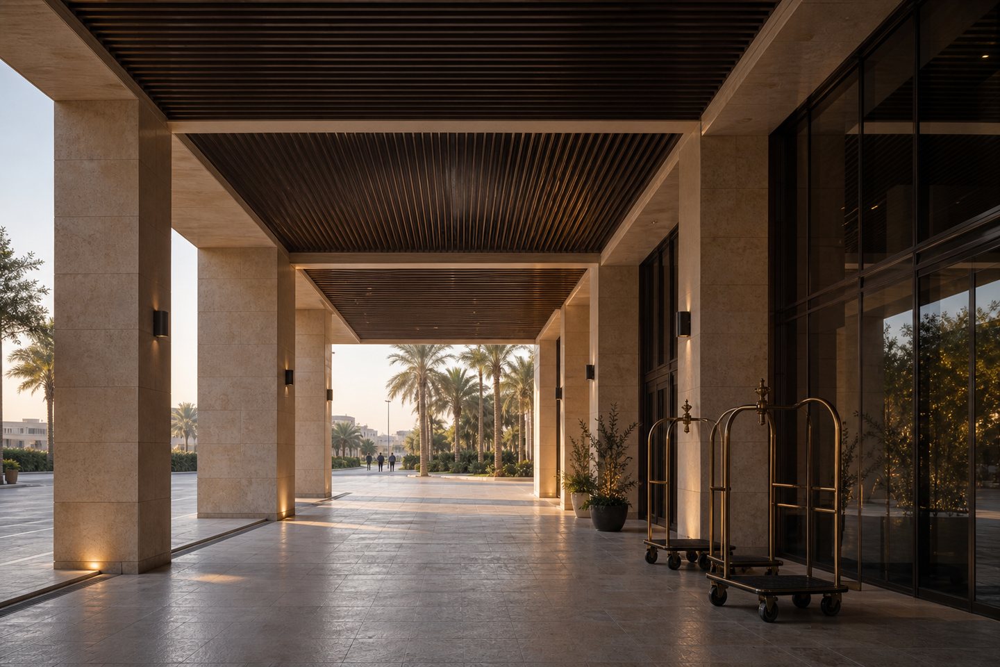 Shaded arrival canopy at a Baghdad airport hotel