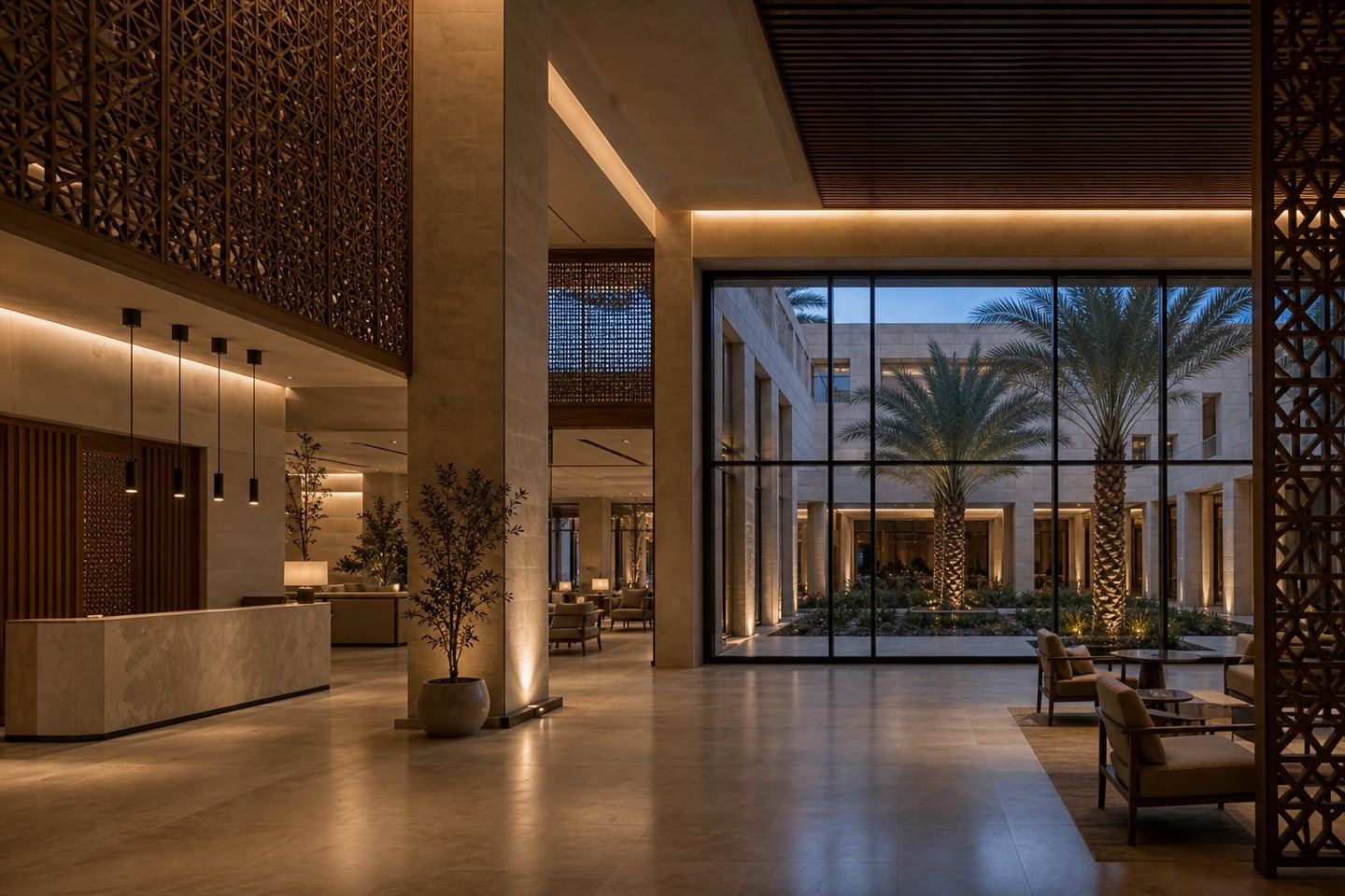Stone and timber lobby overlooking an internal courtyard