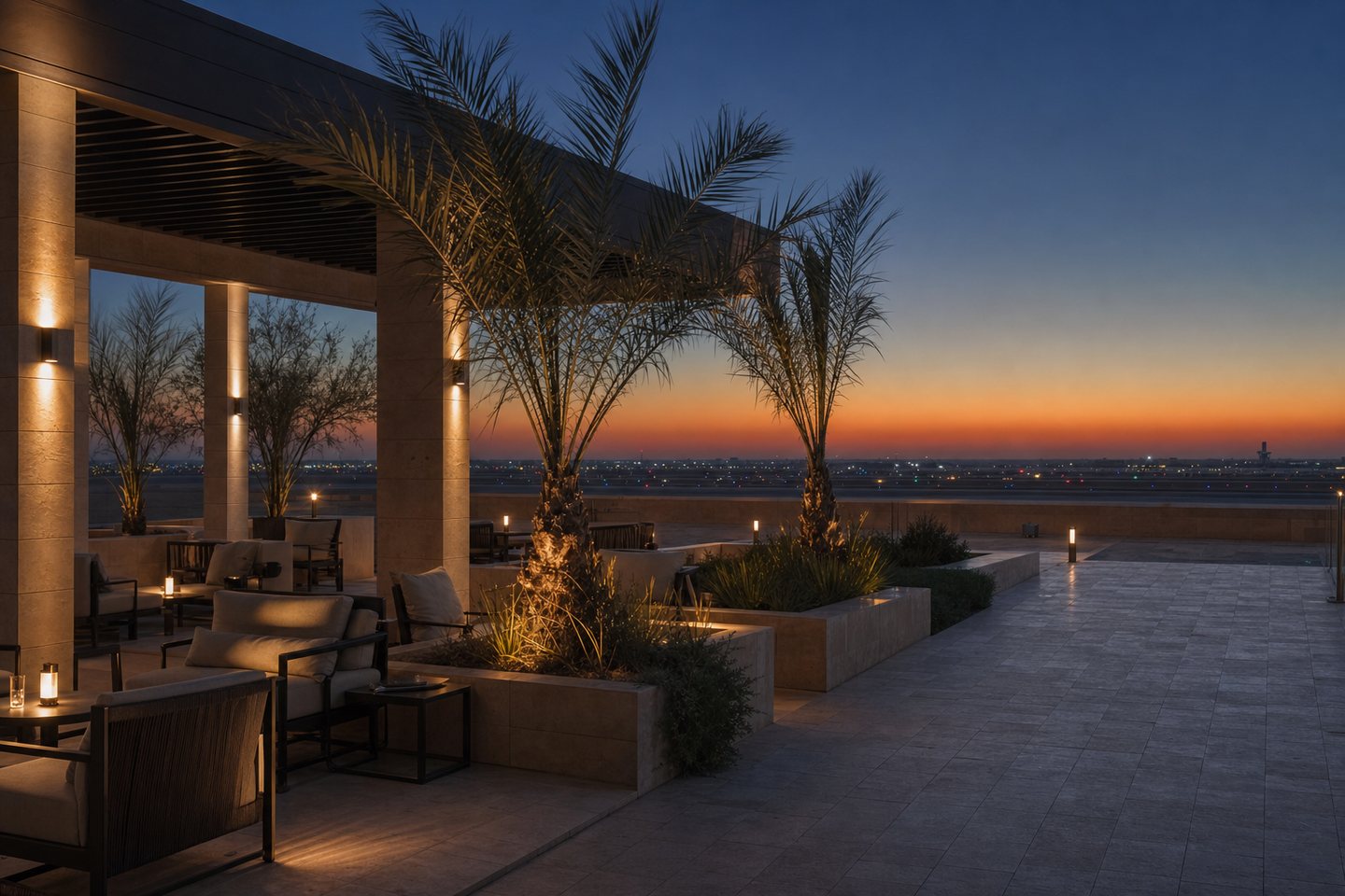 Rooftop terrace overlooking the Baghdad airport horizon