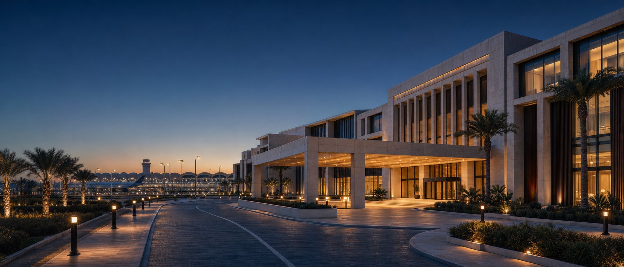 Contemporary airport hotel and forecourt in Baghdad at blue hour