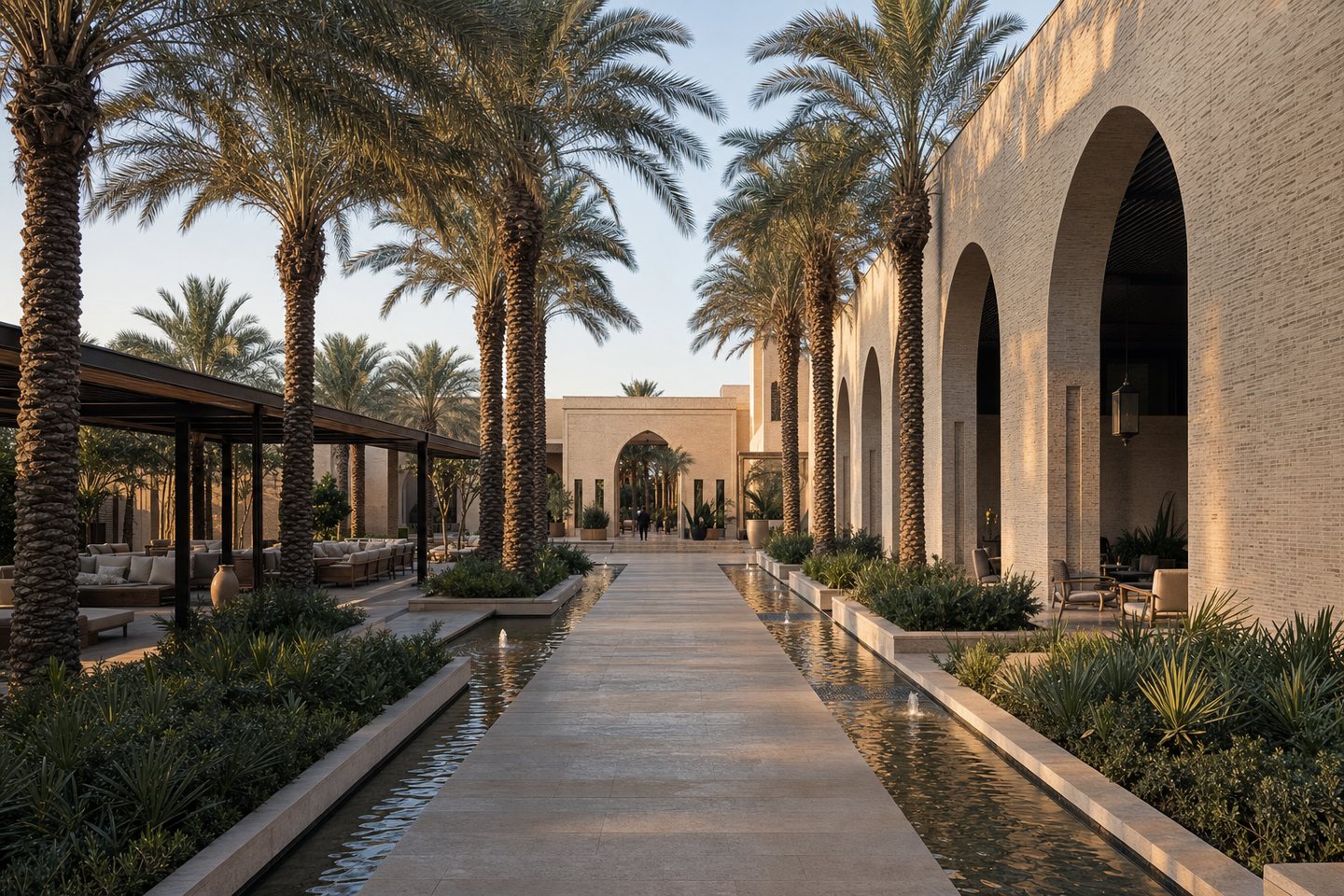 Date-palm courtyard at a downtown Basra hotel