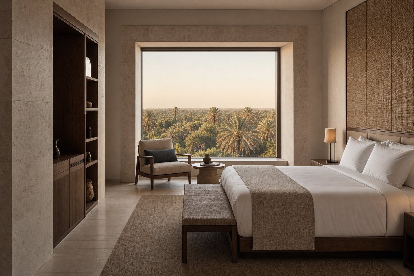 Hotel suite overlooking the date-palm canopy of Basra