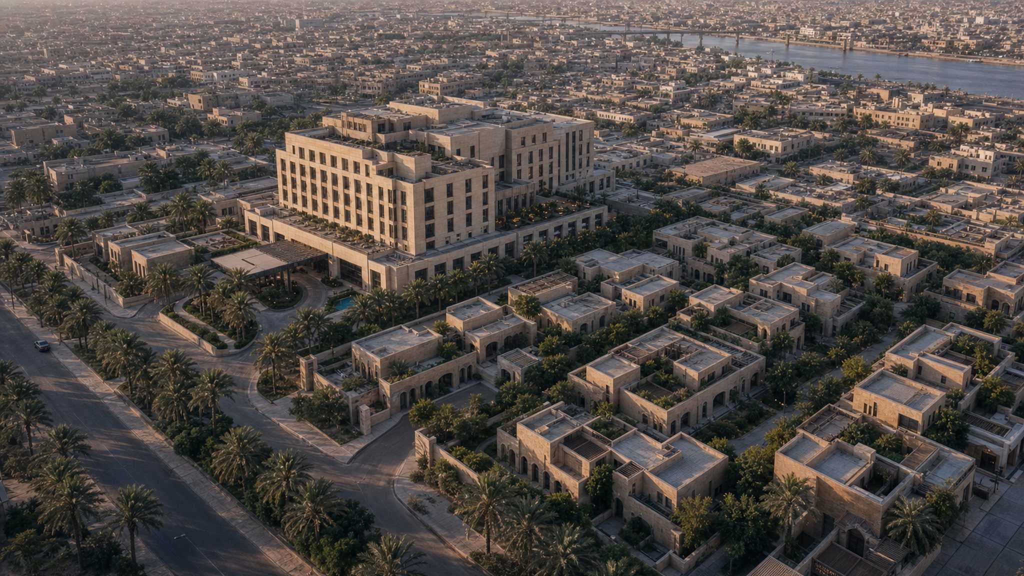 Aerial master plan of a downtown Basra hotel and townhouses