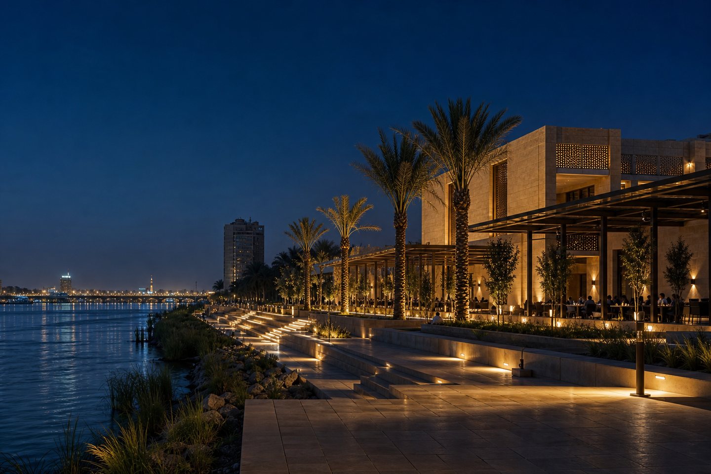 Landscaped Iraqi waterfront destination at blue hour