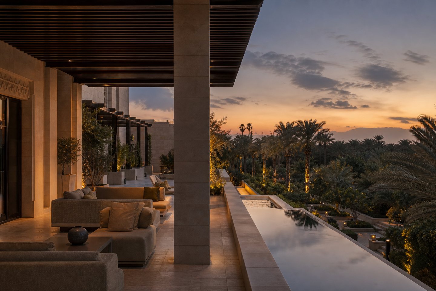 Refined Iraqi hotel terrace overlooking a palm garden