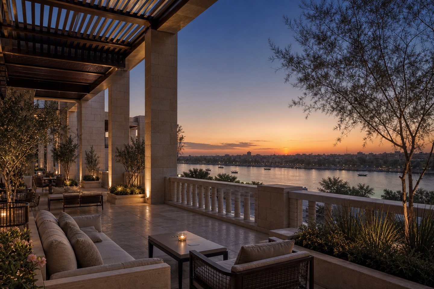 Hotel terrace overlooking the Tigris at sunset