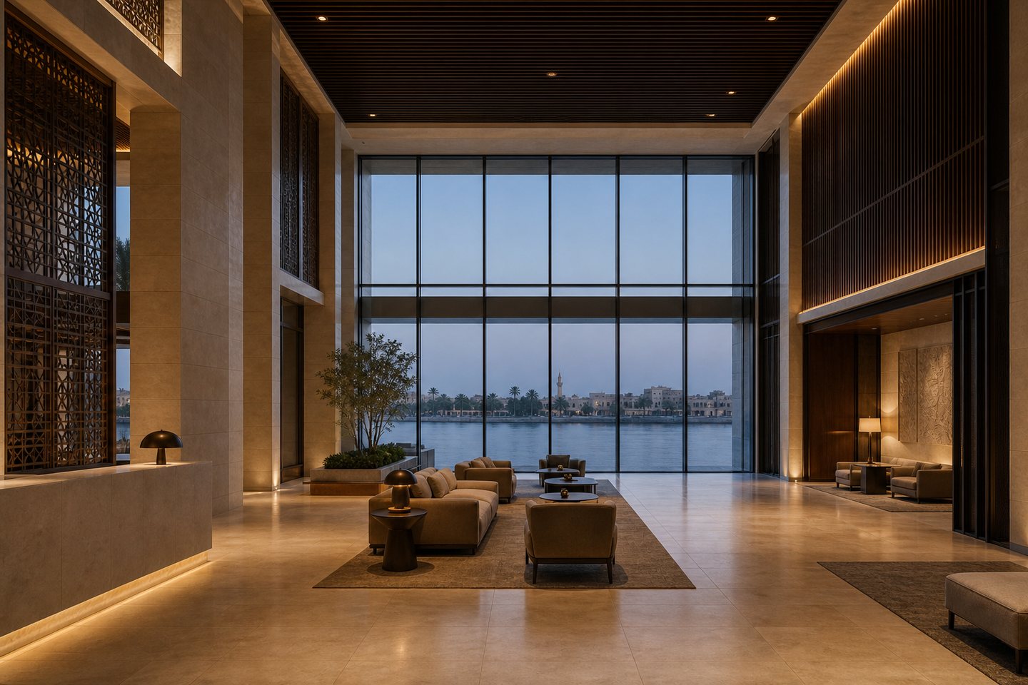Limestone hotel lobby framing a view of the Tigris