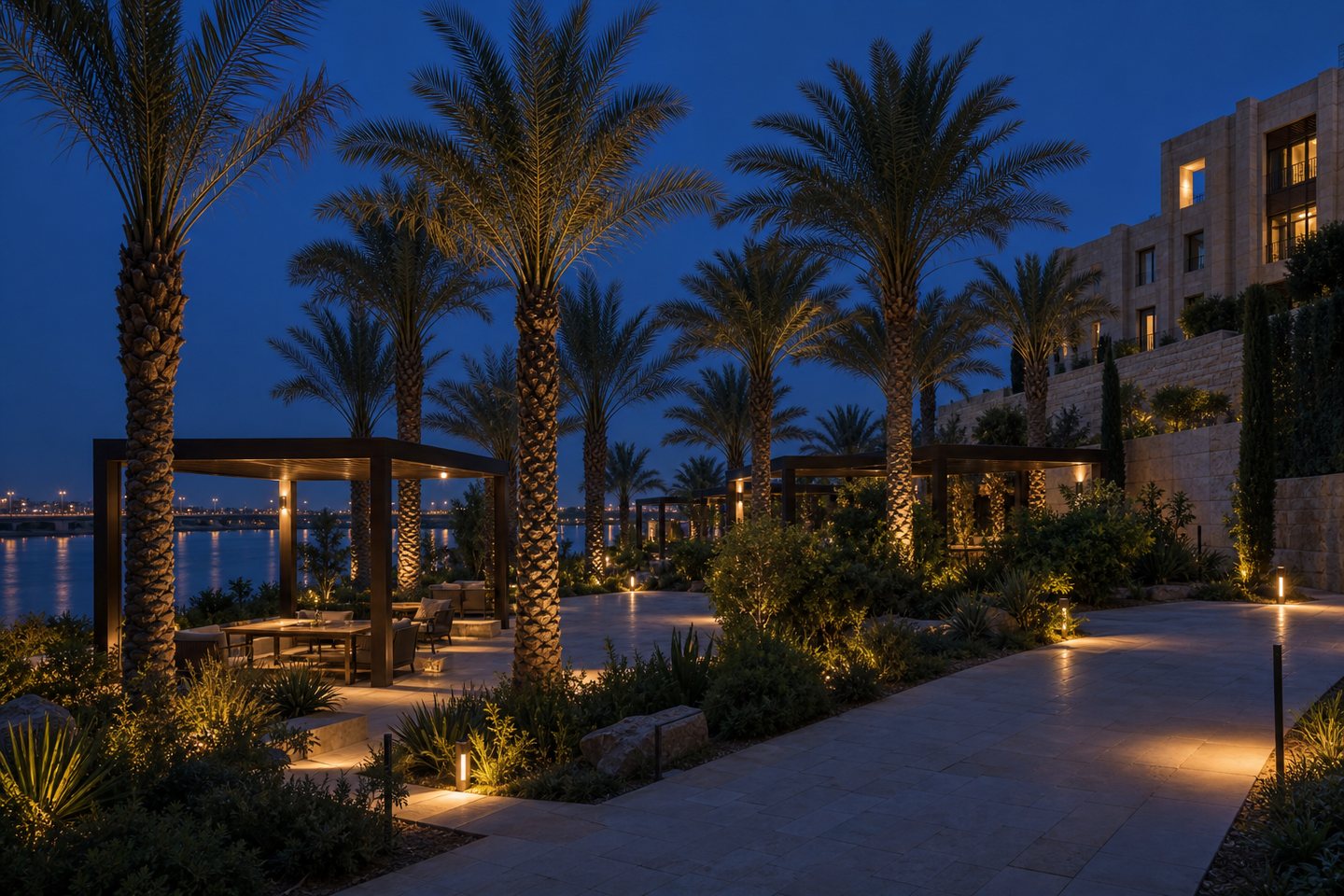 Landscaped hotel garden along the Tigris