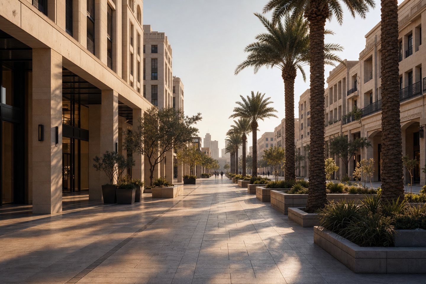Shaded pedestrian avenue in a Baghdad mixed-use district