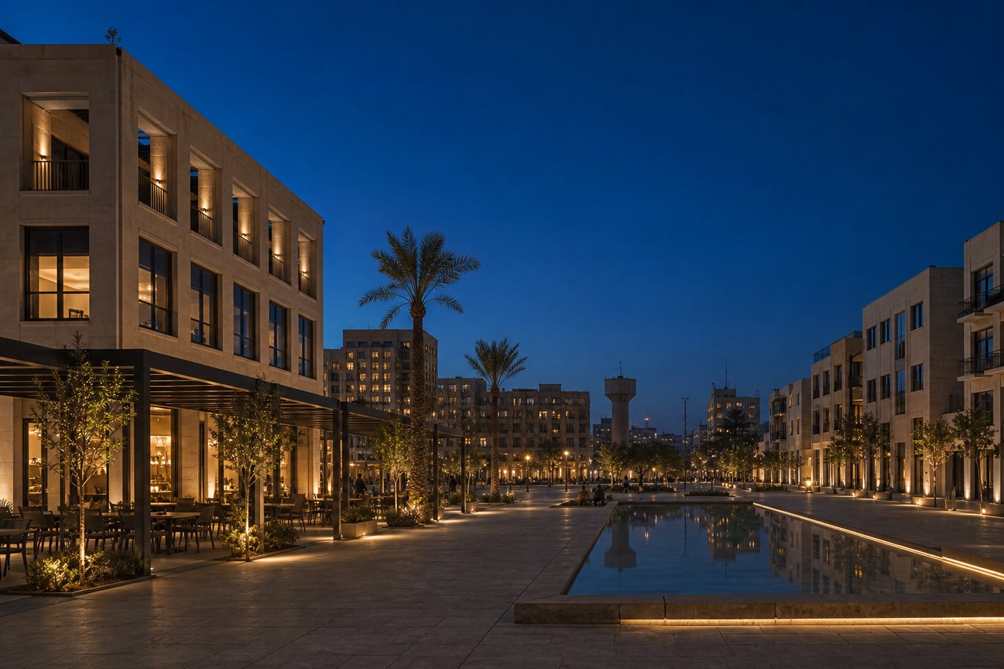 Mixed-use public square in Baghdad at blue hour