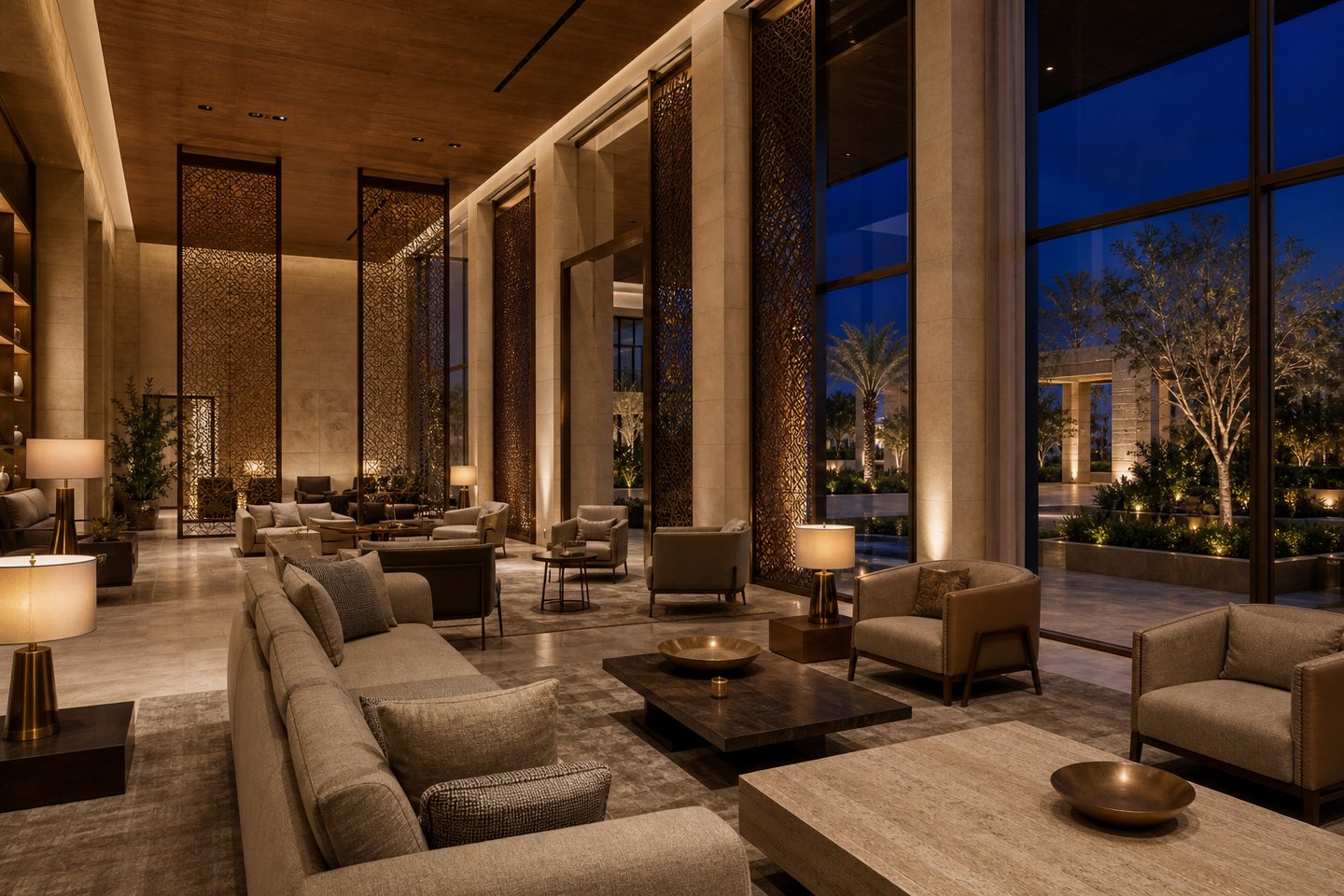 Limestone and bronze-toned hotel lounge