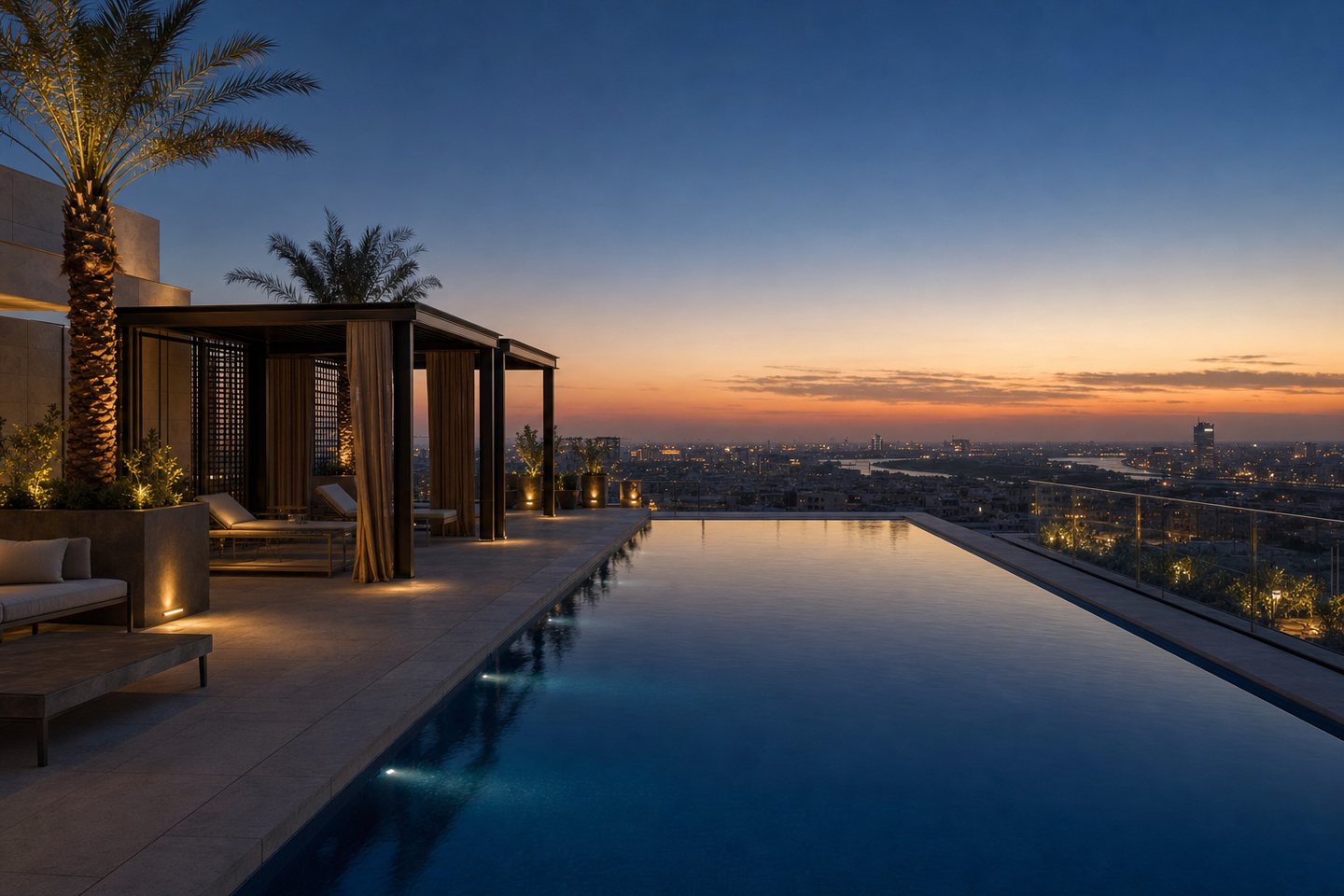 Rooftop pool terrace above a Baghdad district