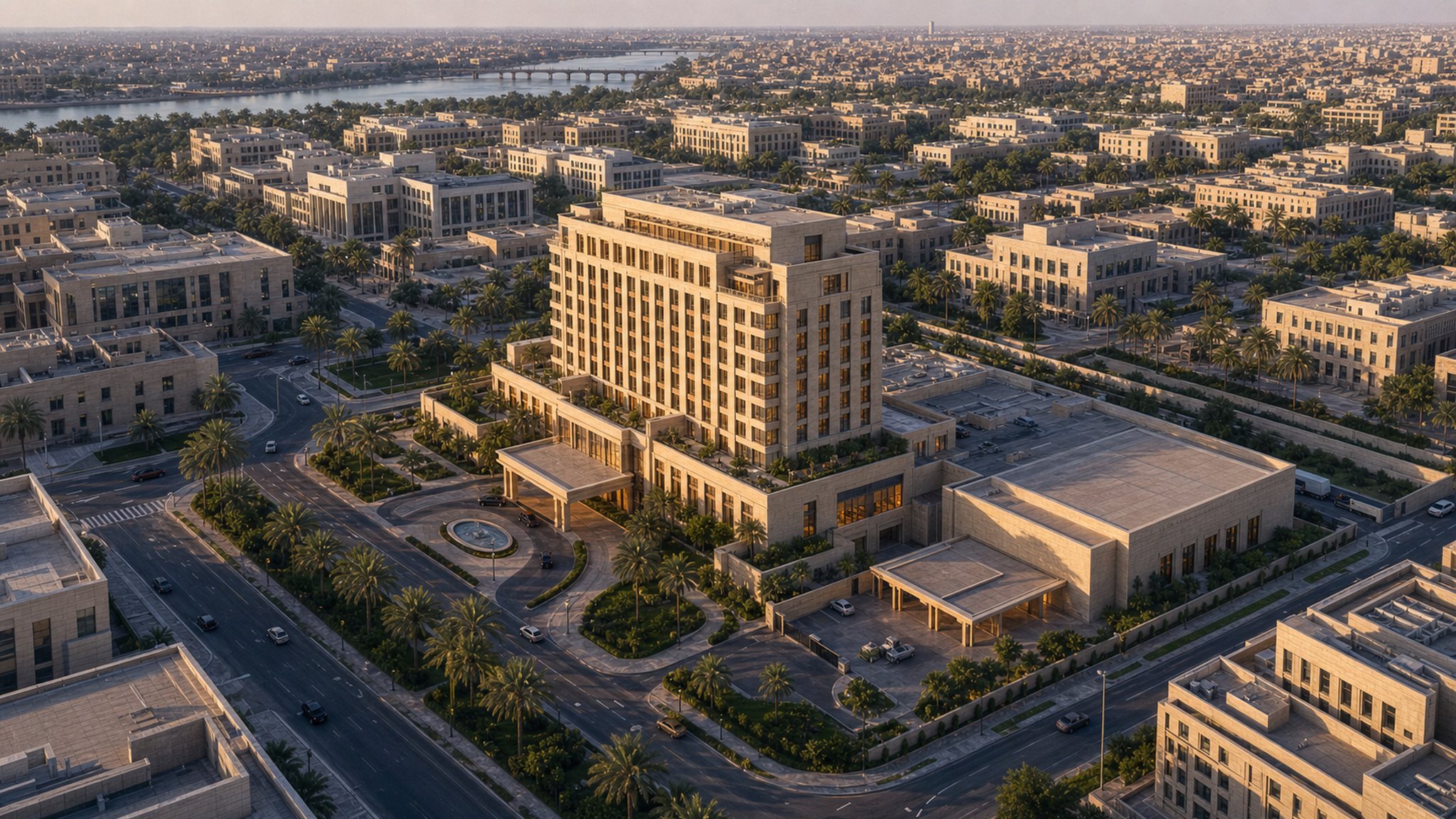 Aerial master plan of the hotel parcel within Iraq Gate