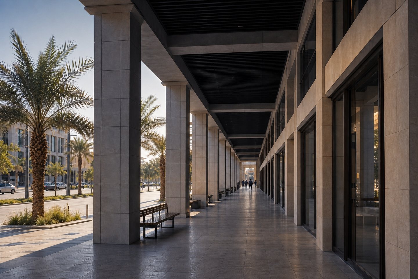 Continuous shaded arcade along an office boulevard