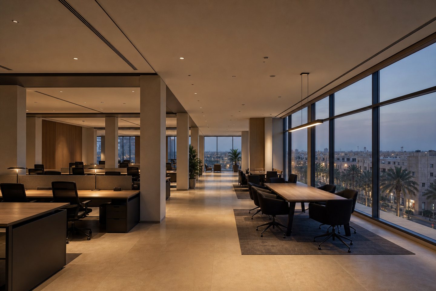 Completed modern office floor overlooking a Baghdad boulevard