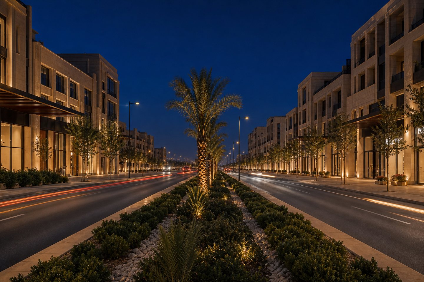 Landscaped office boulevard in Baghdad at evening