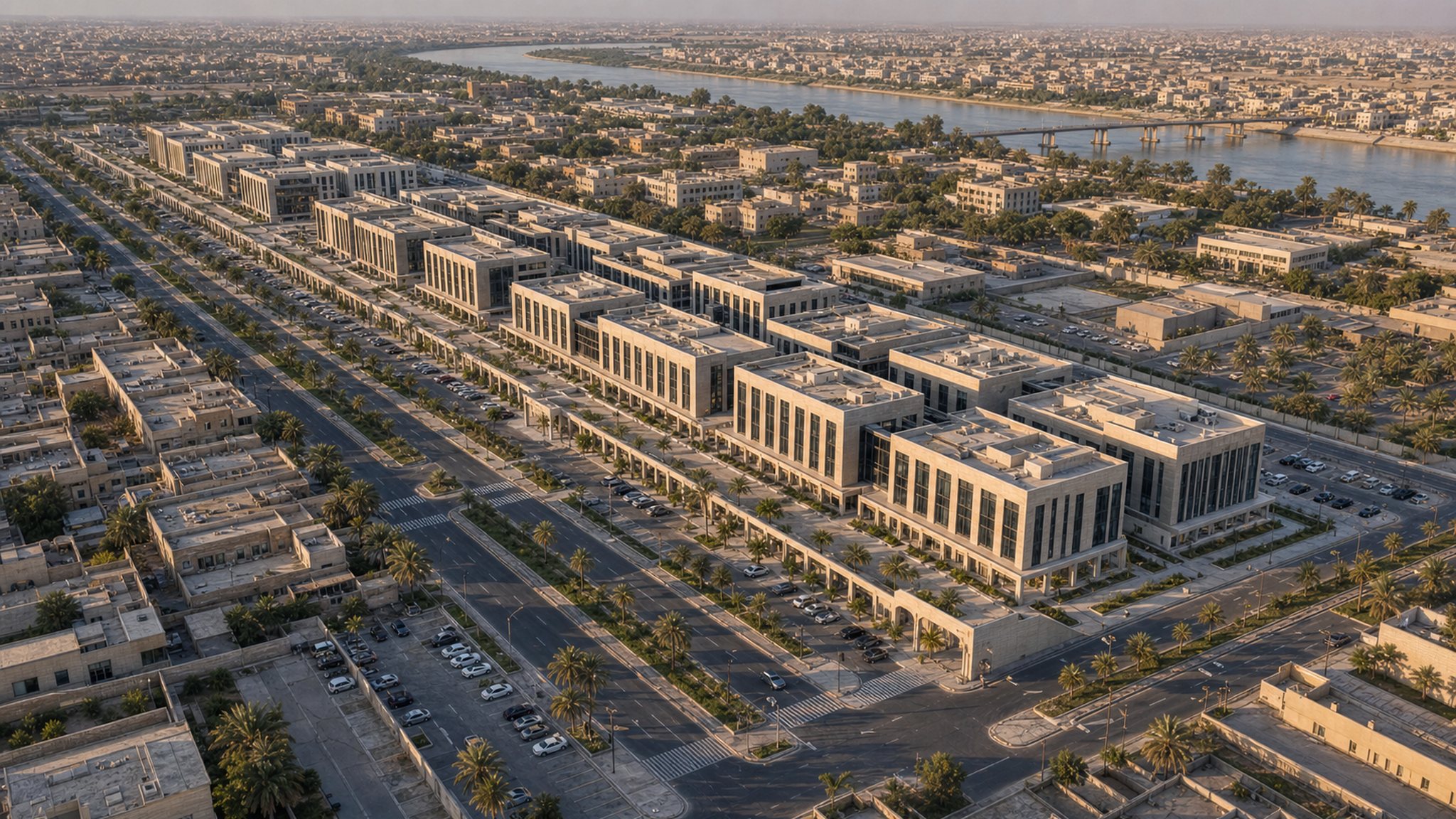 Aerial master plan of a linear office boulevard