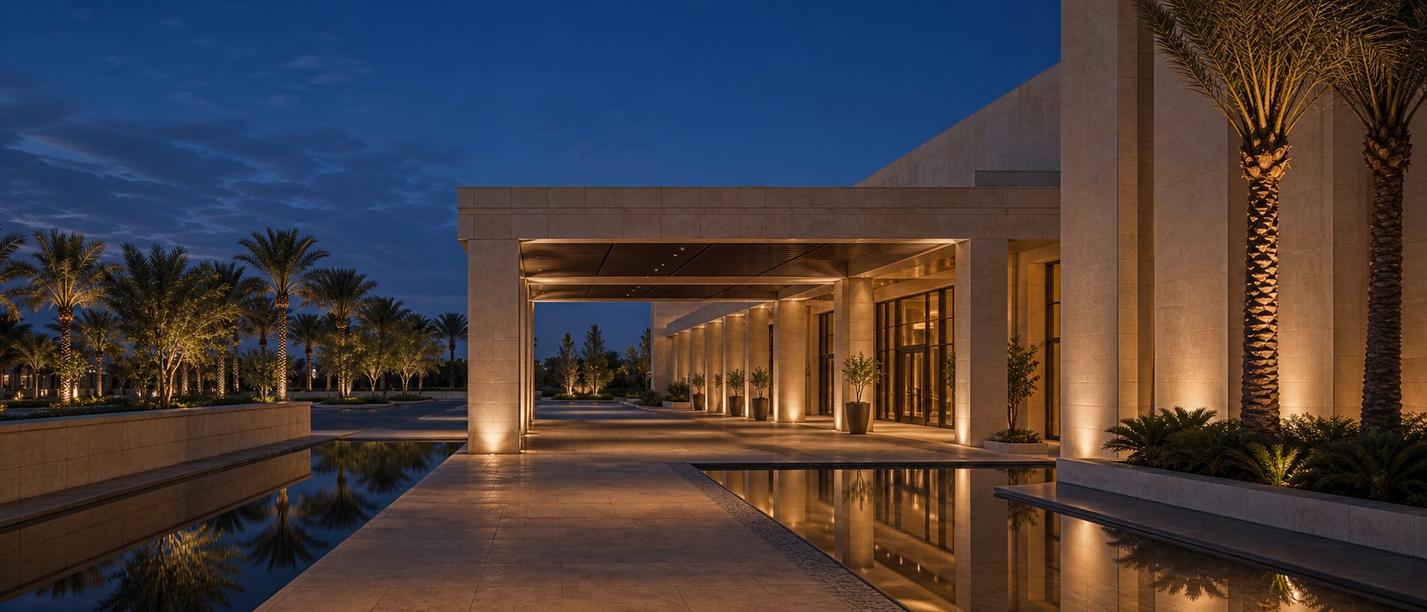 Welcoming corporate entrance in Baghdad at blue hour