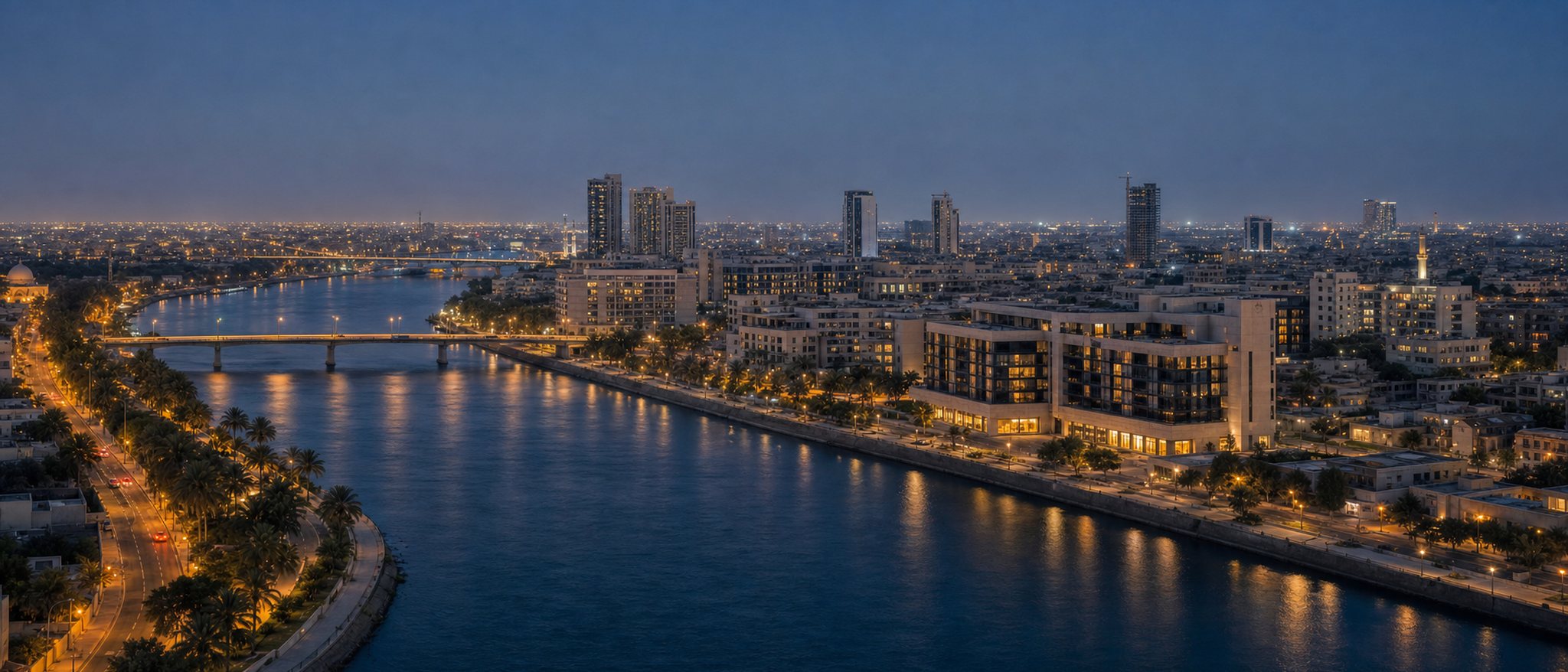 Contemporary Baghdad skyline and investment assets beside the Tigris