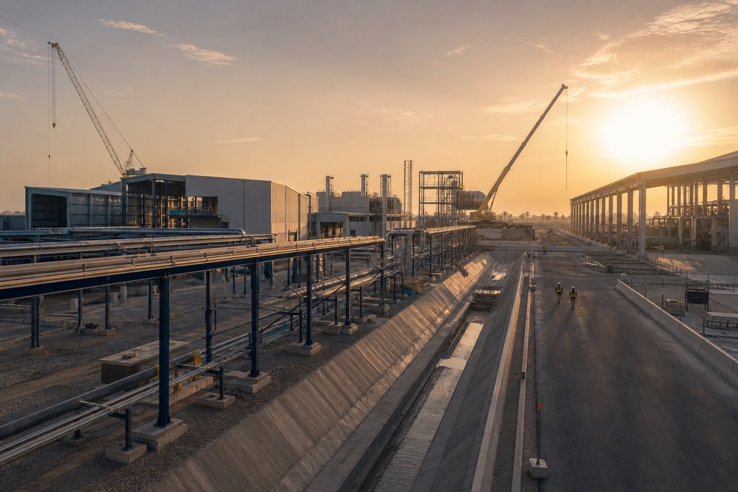 Modern infrastructure worksite in Iraq at sunrise