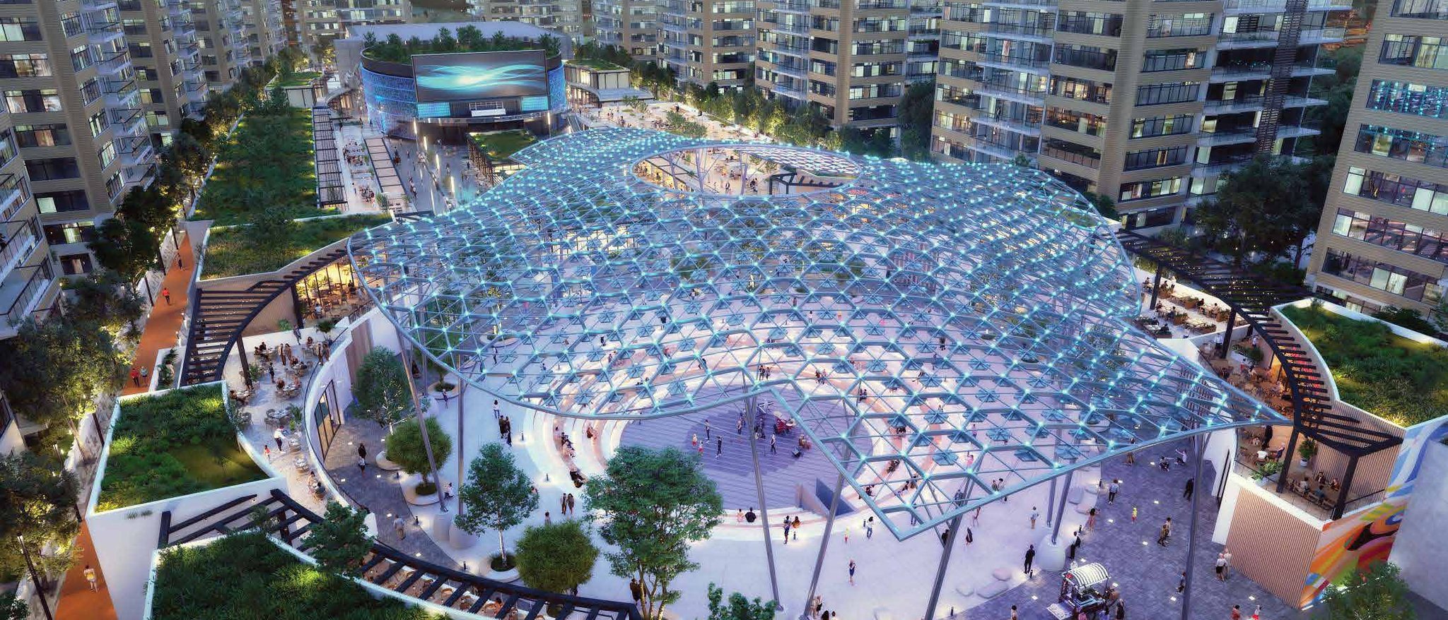 Baghdad Boulevard: translucent lattice canopy over the central plaza
