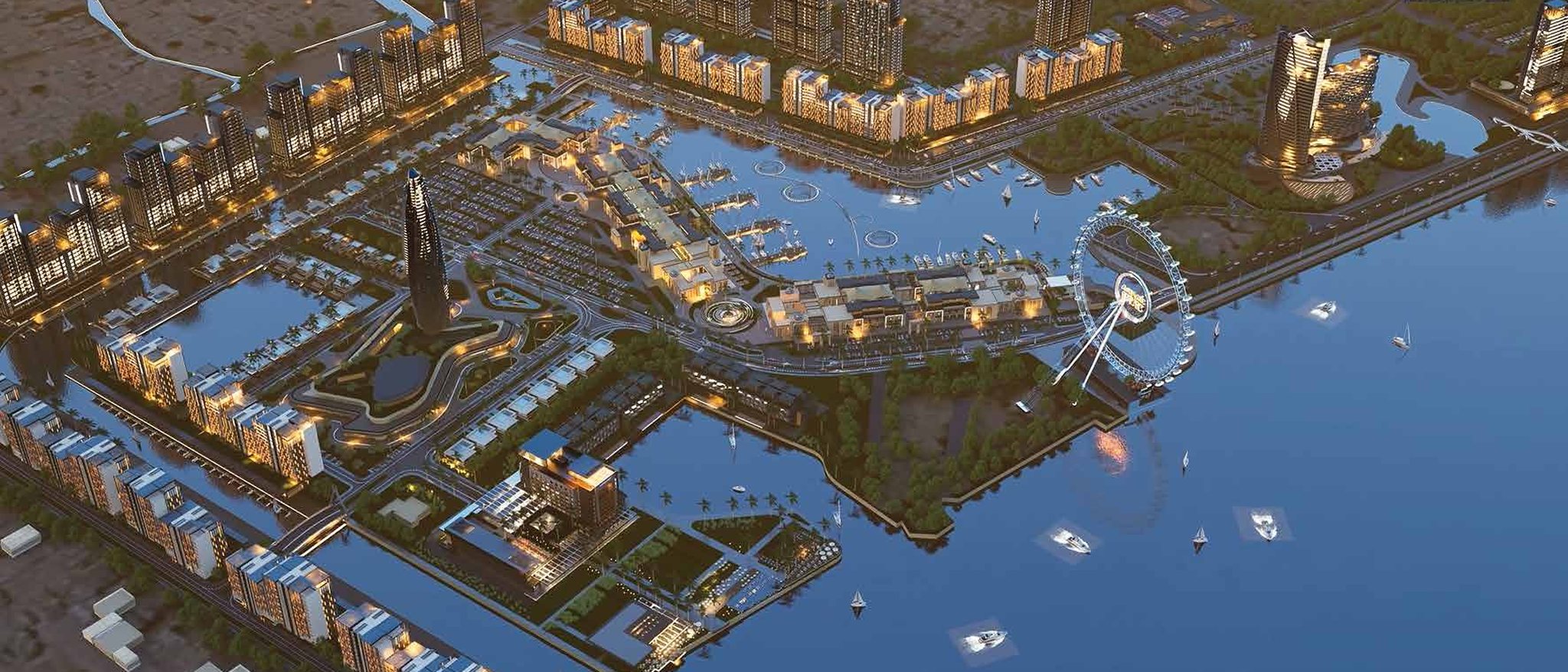Basra Downtown: aerial view of the waterfront district on the Shatt al-Arab at dusk