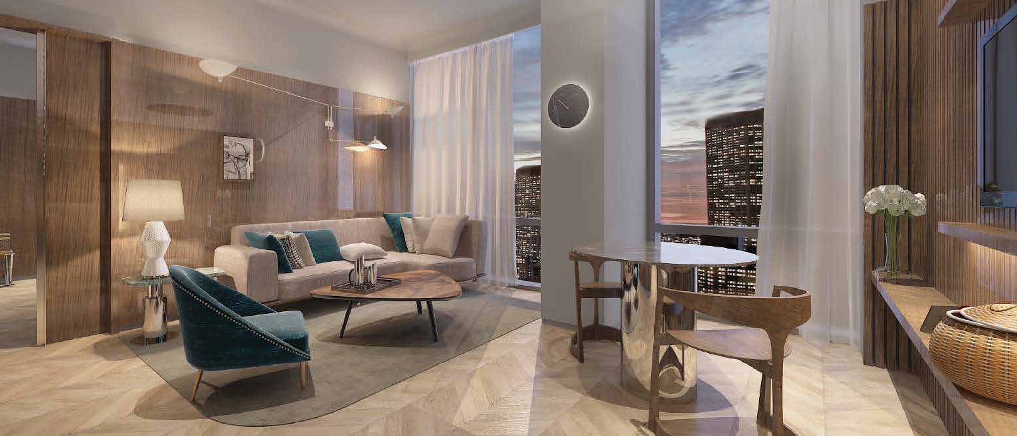 Hotel New York: guest suite interior overlooking the Manhattan skyline