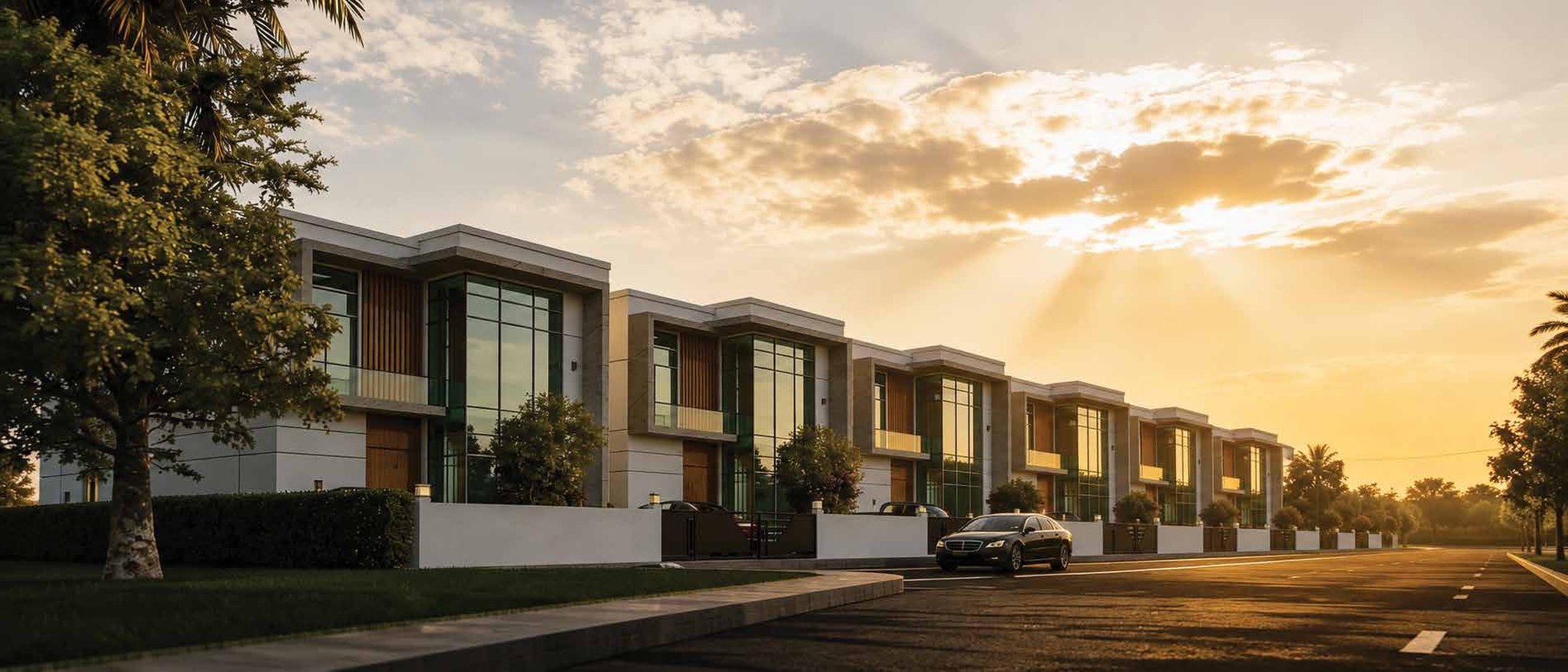Karbala Gate: contemporary villas along a tree-lined street at sunset