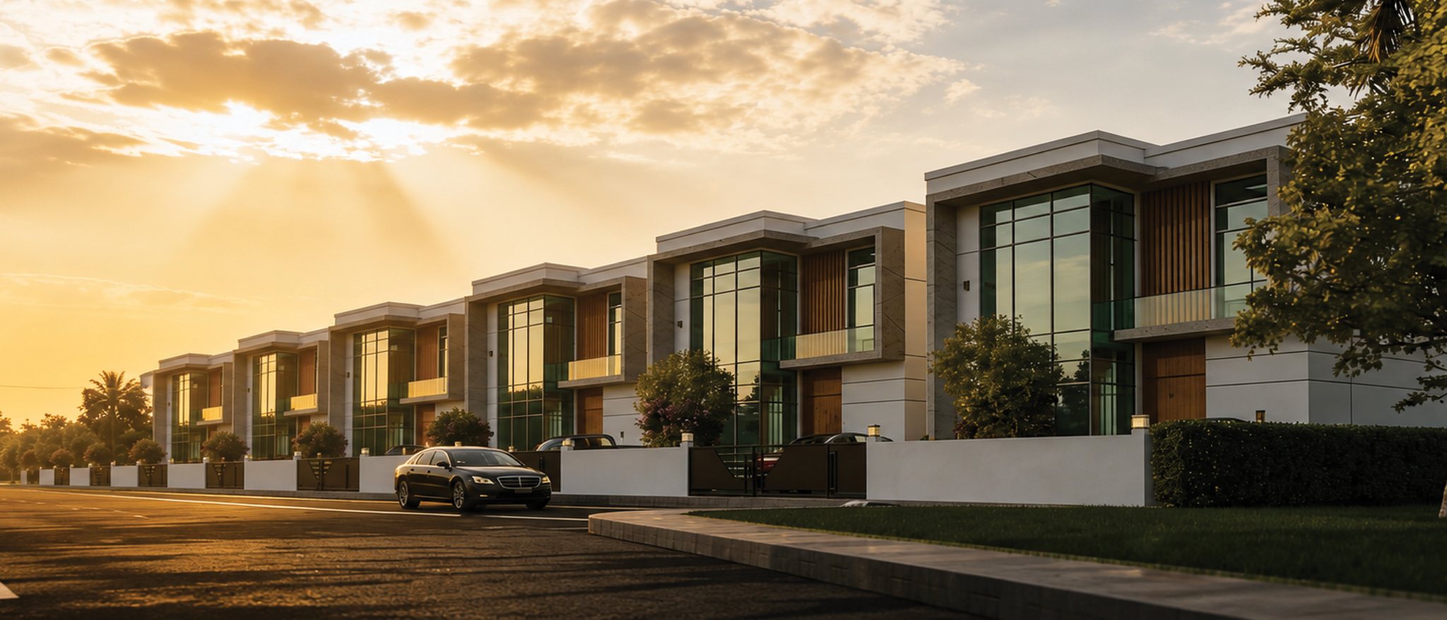 Karbala Gate: contemporary villas along a tree-lined street at sunset