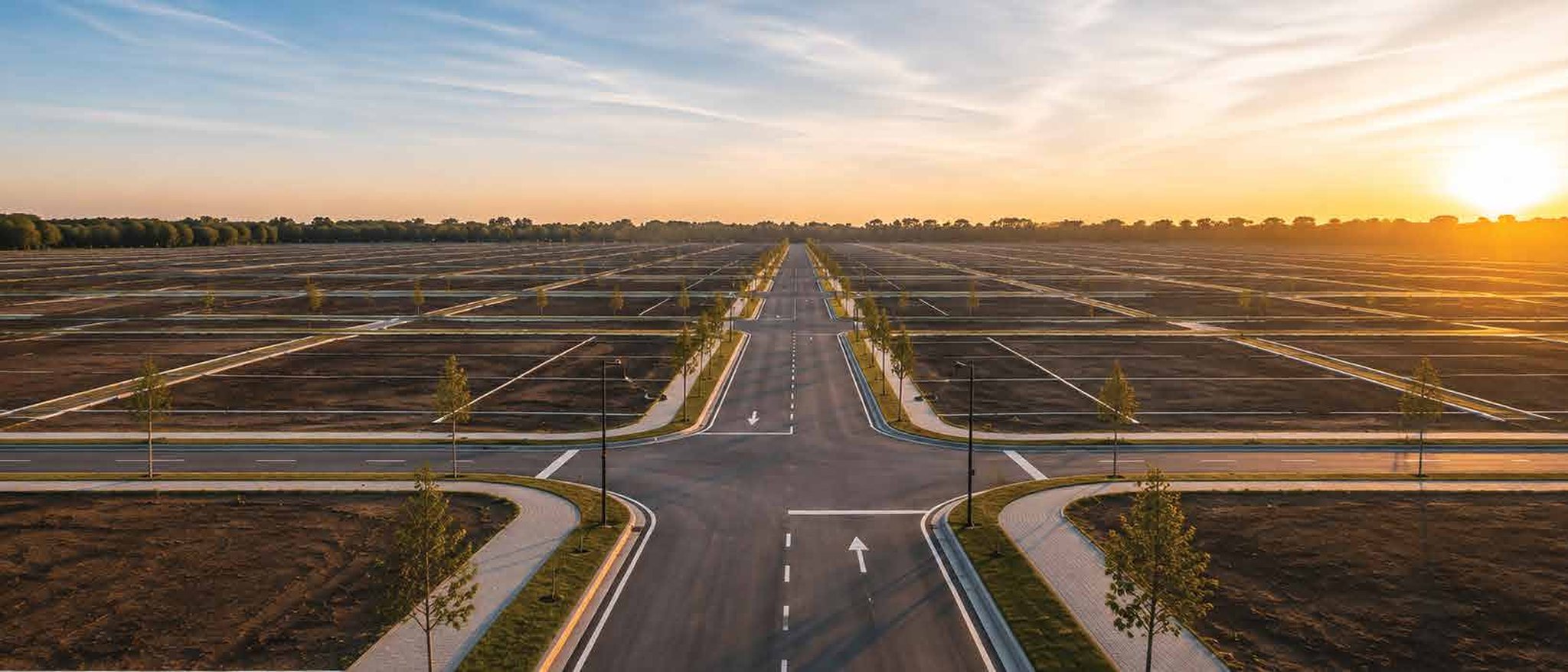 Madinat Al Bawasil: serviced plots and completed road network at sunrise