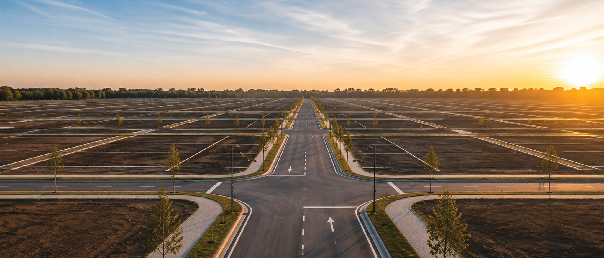 Madinat Al Bawasil: serviced plots and completed road network at sunrise