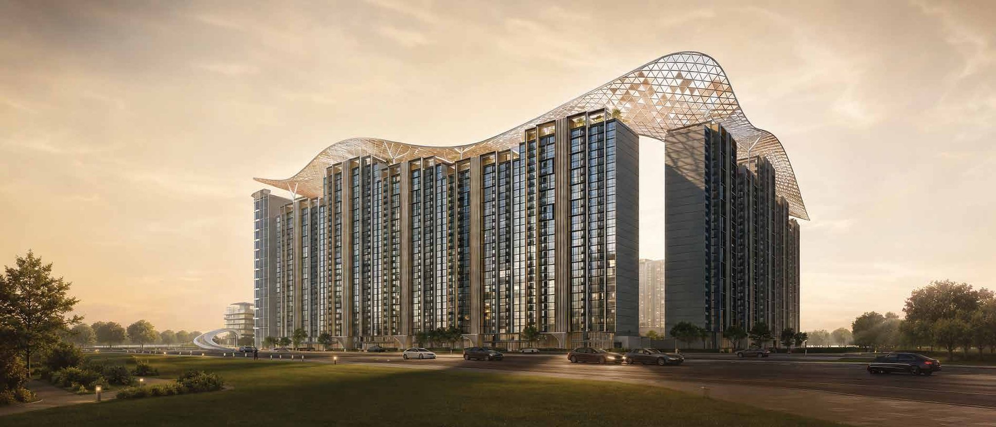 Park View: residential towers crowned by a flowing lattice canopy at golden hour
