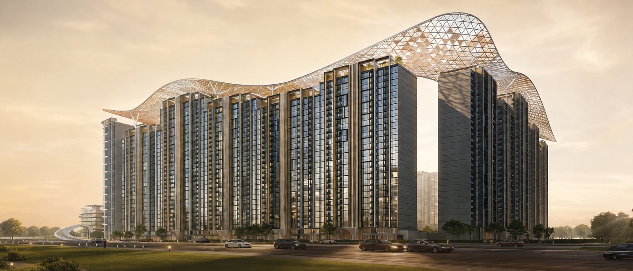 Park View: residential towers crowned by a flowing lattice canopy at golden hour