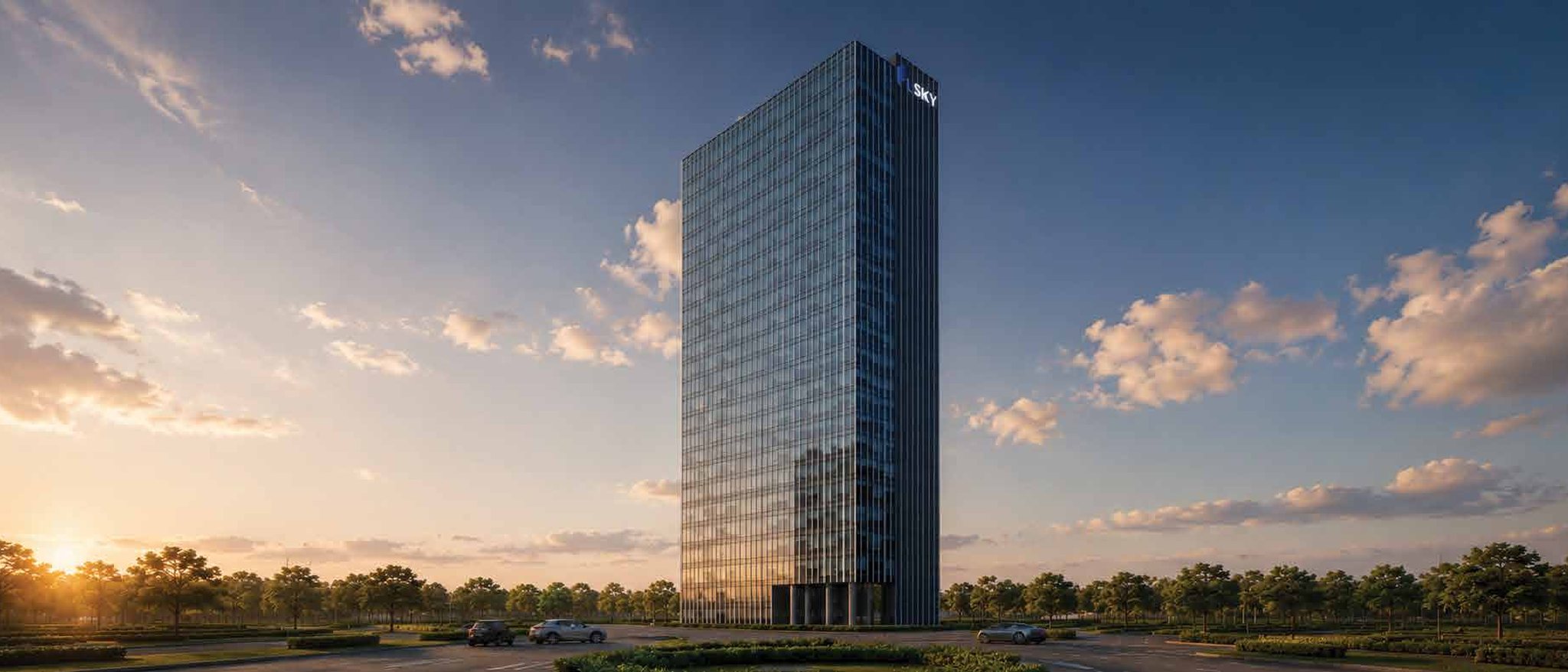 SKY Office Tower: 27-storey glass office tower at sunrise