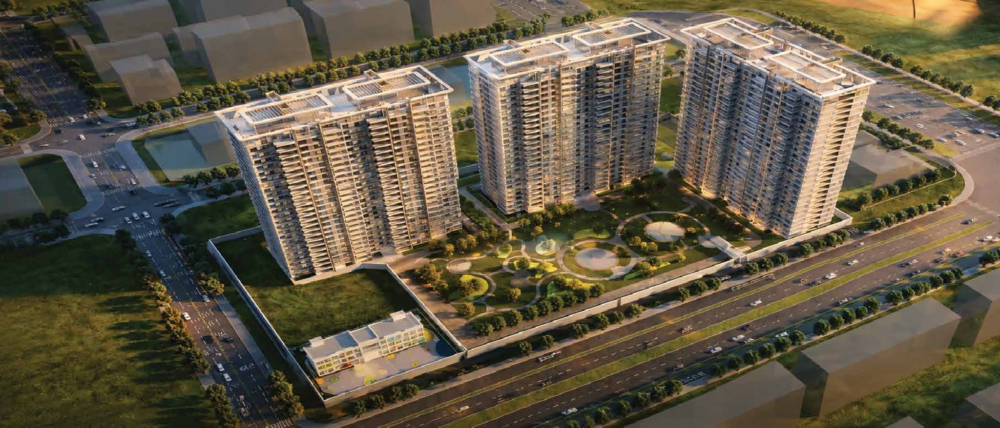 Zayouna Gem: aerial view of the residential towers and landscaped grounds