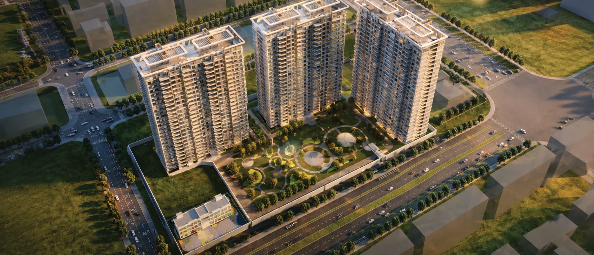 Zayouna Gem: aerial view of the residential towers and landscaped grounds
