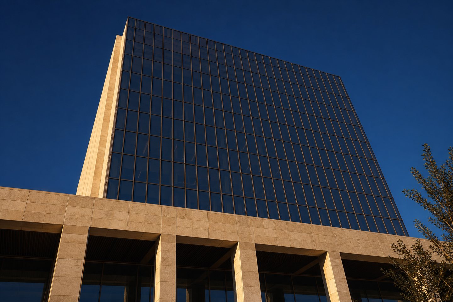 Precise glass and stone facade of a Baghdad office tower