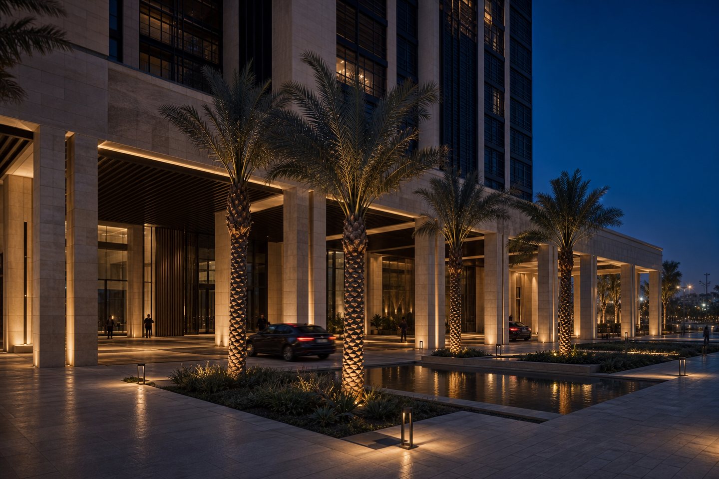 Sheltered arrival plaza at a Baghdad office tower