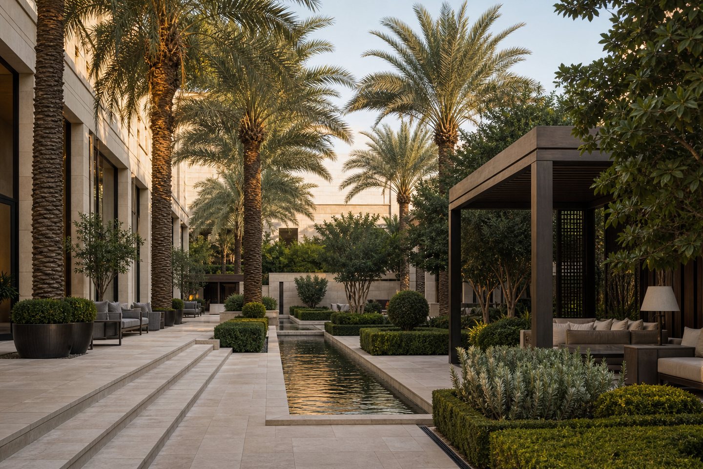 Formal hotel garden with stone terraces and date palms