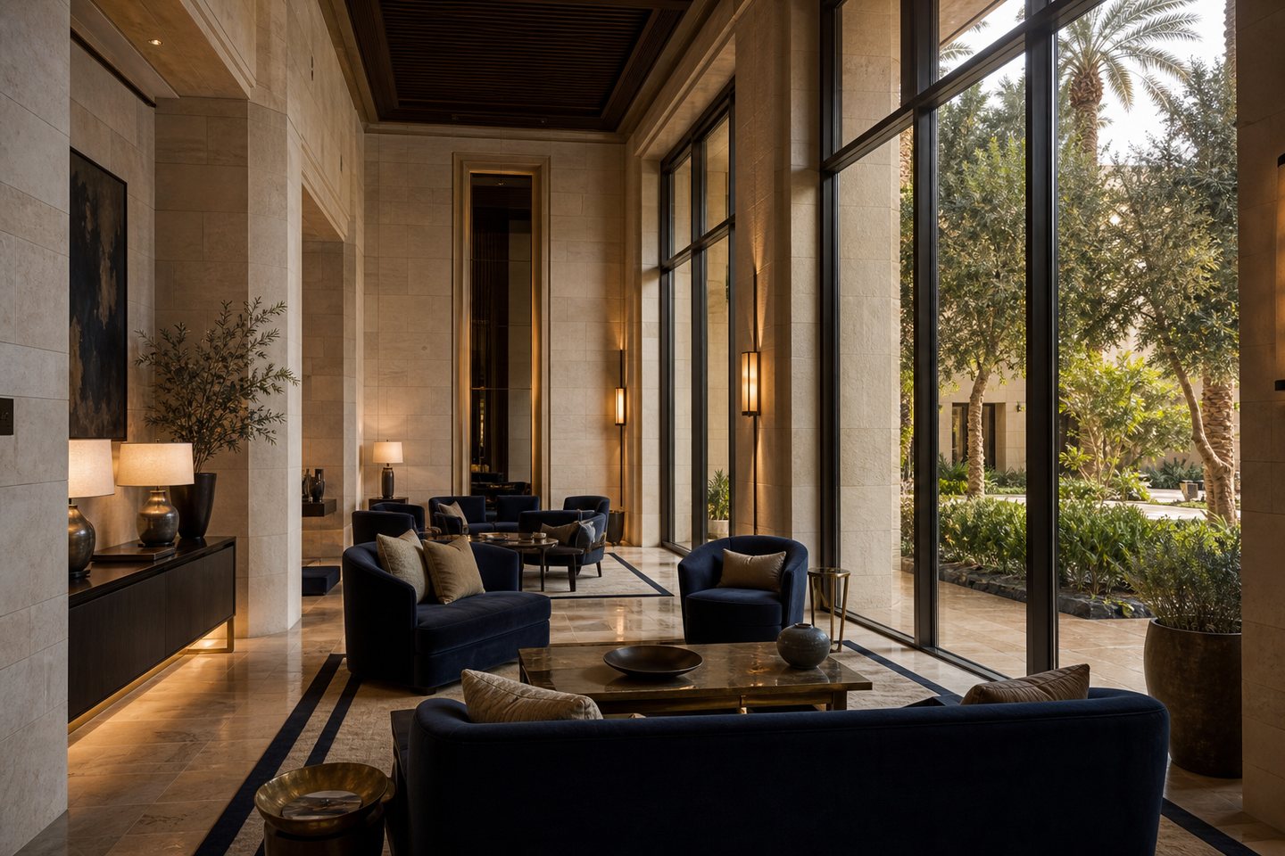 Sophisticated hotel salon overlooking Baghdad gardens
