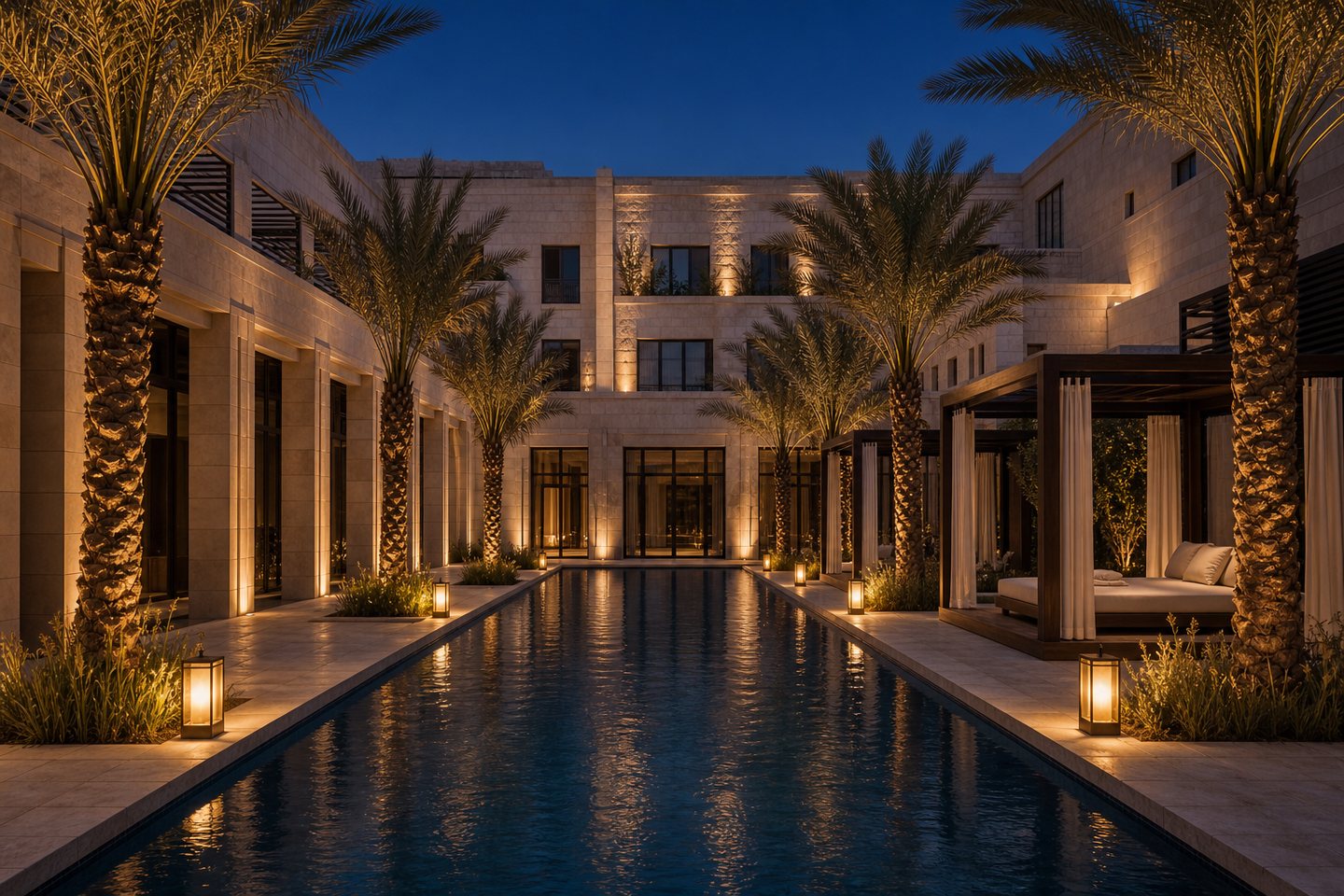 Elegant pool garden at a Baghdad hotel
