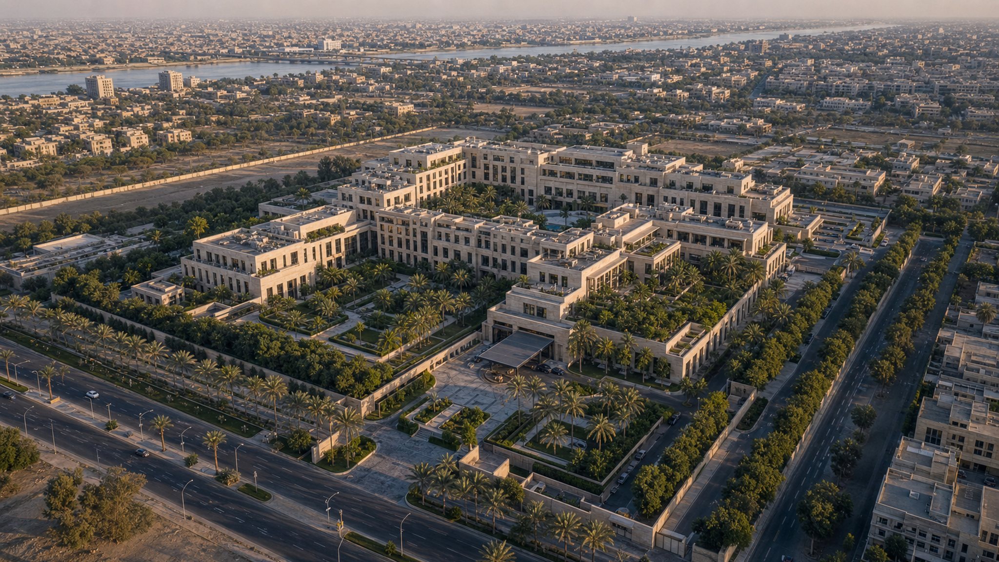Aerial master plan of a landscaped Baghdad hotel campus