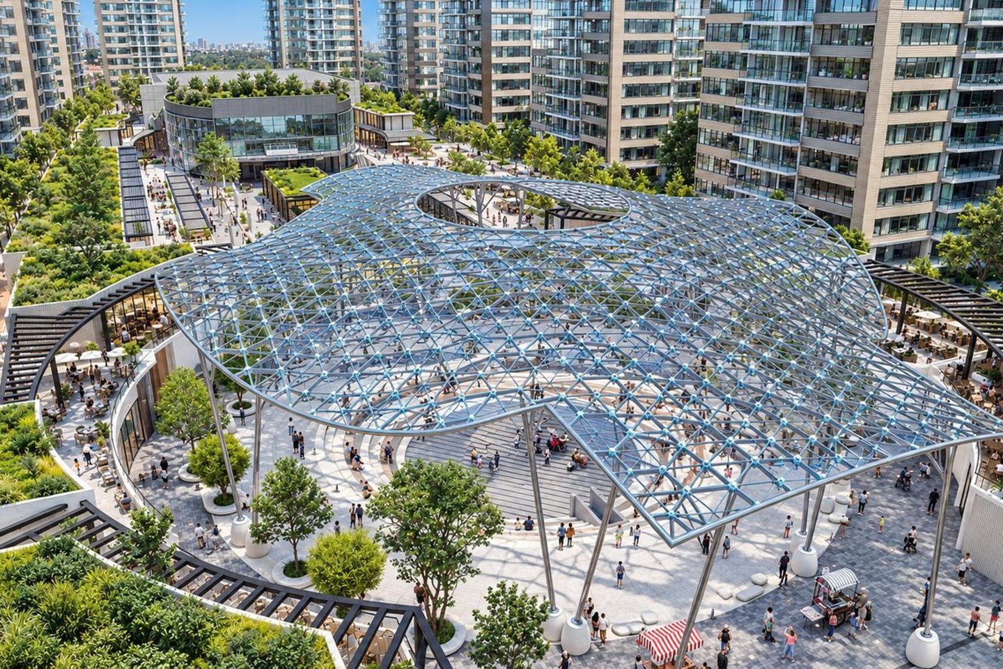 Architectural rendering of a lattice canopy over a plaza surrounded by planted courtyards and residential towers.