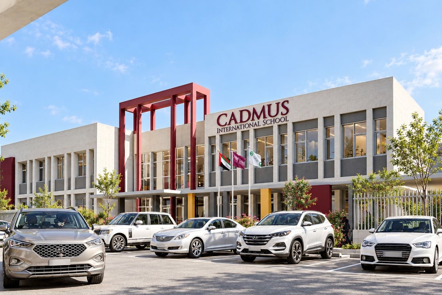 School frontage with CADMUS lettering, a red entrance structure, flags and parked cars beneath a blue sky.