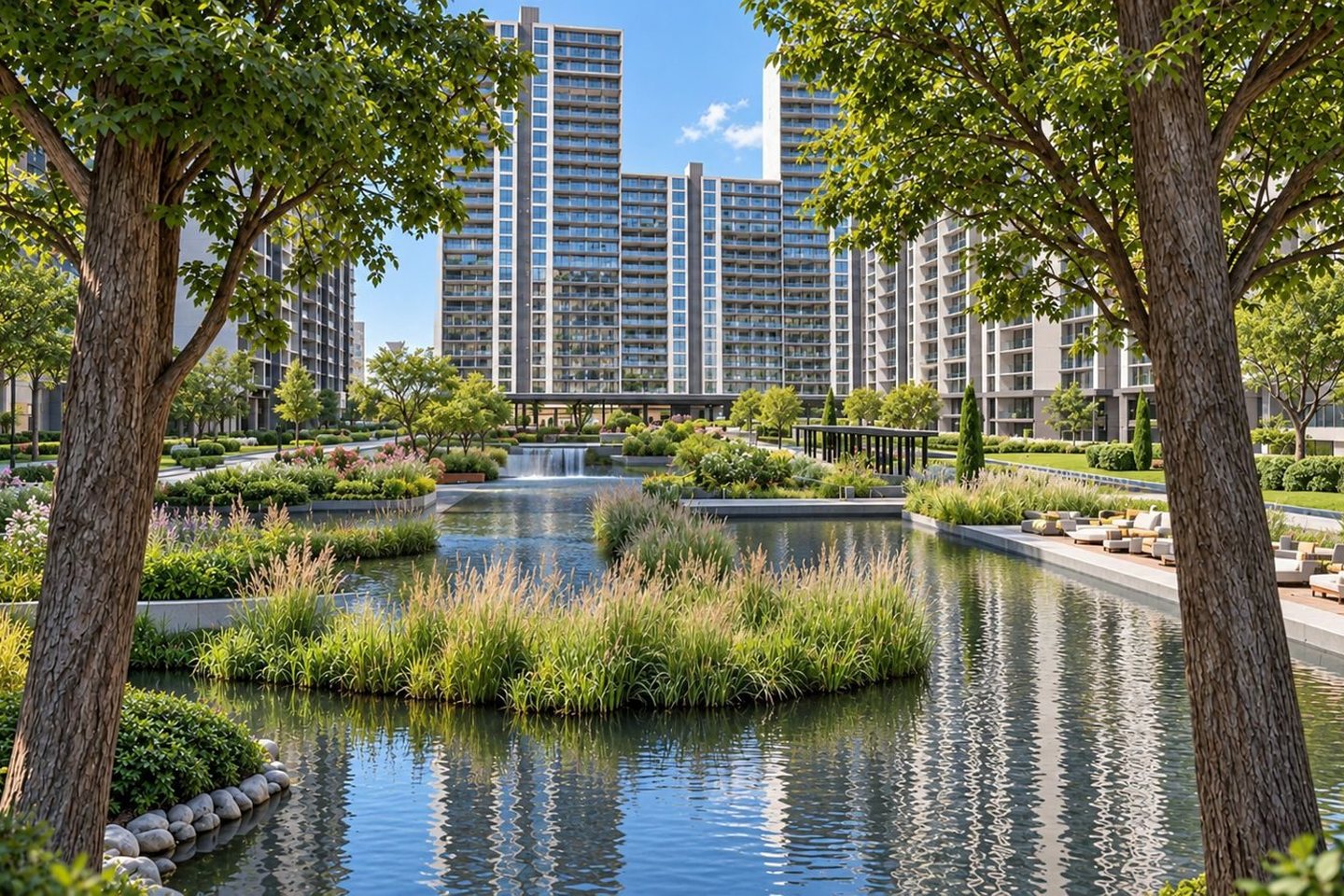 Trees and planted islands beside reflecting water, with residential buildings in the background.
