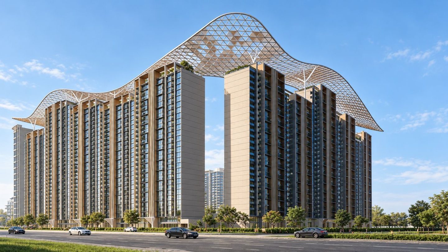 Architectural rendering of residential towers joined by a broad lattice crown above landscaped grounds.